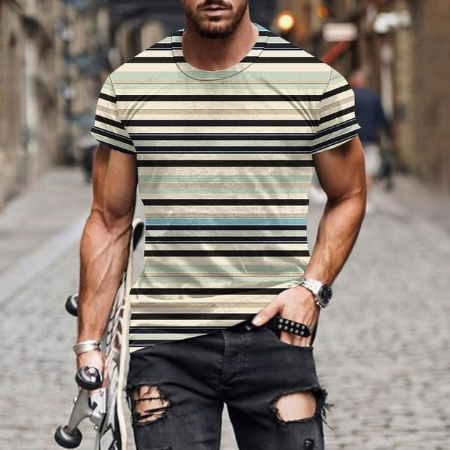 Tops para hombre, blusas y camisas de manga corta con cuello redondo para hombre, blusas de manga corta con cuello redondo y estampado de rayas para hombre, blusa para hombre