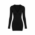 thumbnail image 4 of IUYRTFE Women's Solid Color V-Neck Long Sleeve Dress Slim Fit Stretch Casual Party Midi Dress, 4 of 5