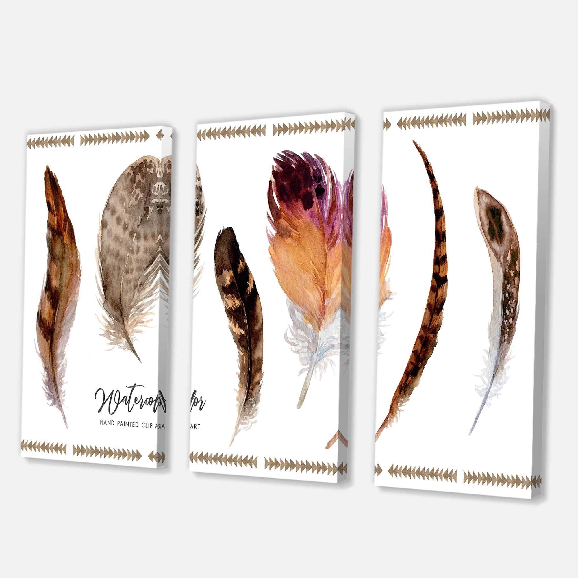 Designart ' Exotic Vibrant Boho Watercolor Feathers ' Bohemian & Eclectic Canvas Wall Art Print