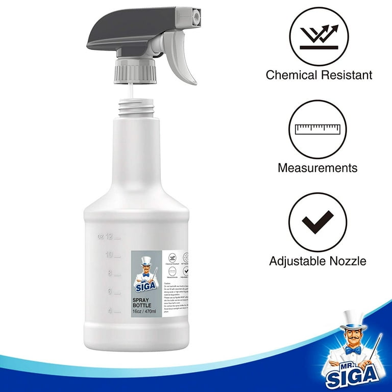 MR.SIGA 16 oz Empty Plastic Spray Bottles for Cleaning Solutions, Heavy Duty Household Reusable Spray Bottles with Measurements and Adjustable Leak