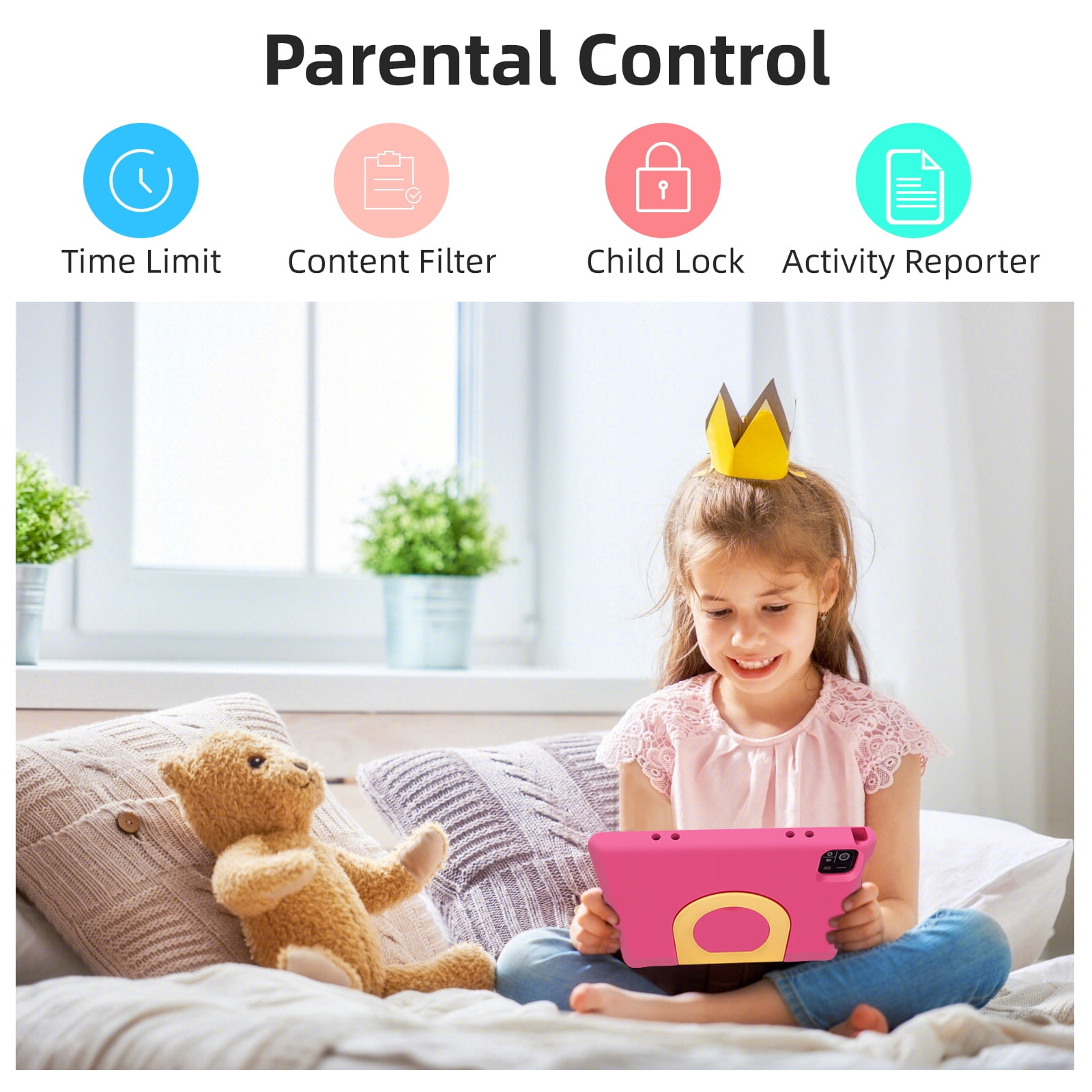 Kids Tablet, 10.1 inch IPS HD Touchscreen Android 14 64 GB Storage, 8GB RAM, Octa Core Tablet for Kid with Kid-Proof Case, Parental Controls, 12-hr Battery, WiFi, GPS – Pink