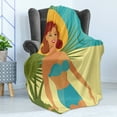 thumbnail image 4 of Pin up Girl Soft Flannel Fleece Throw Blanket, 1950s Style Woman Wearing Strapless Blue Bikini and a Hat in an Exotic Beach, Cozy Plush for Indoor and Outdoor Use, 50" x 70", Multicolor, by Ambesonne, 4 of 5