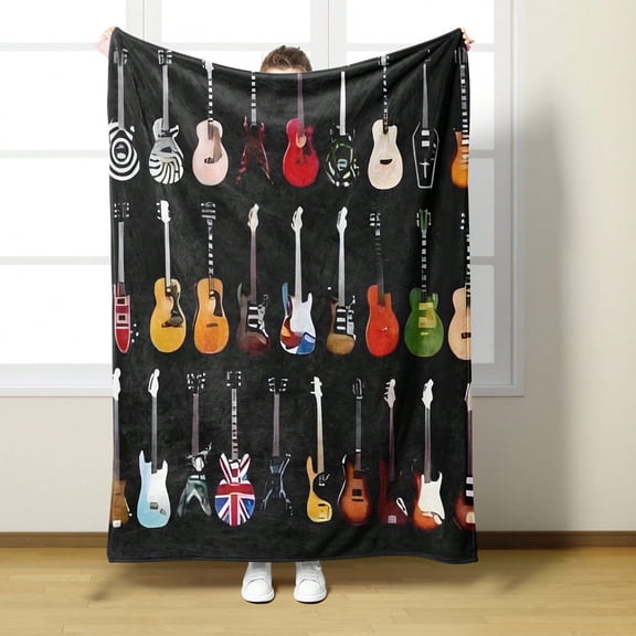 Black Acoustic Electric Guitar Print Throw Blanket for Music Lovers
