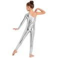 thumbnail image 3 of inlzdz Kids Girls Shiny Metallic Unitard Ruffle One Shoulder Full Body Jumpsuit Performance Dancewear Silver 14, 3 of 5