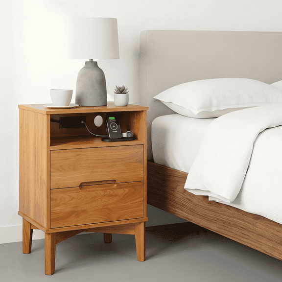 YAURA Wood Nightstand with Charging Station & USB-C, 26" Tall Mid Century Modern Bedside Table with Solid Wood Legs, Caramel Walnut Finish with 2 Drawers
