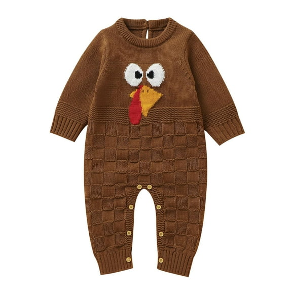 XIMIN Baby Girl Boy Jumpsuit Cute Turkey Embroidery One Piece Bodysuit Long Sleeve Sweater Romper Infant Newborn Thanksgiving Outfits Fall Clothes