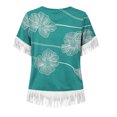 thumbnail image 5 of Uootdi Cute Summer Tops Crew Neck Short Sleeve Fringe Trim Cuff And Hem Line Floral All Over Print Soft Knit Boho Tops for Women Relaxed Fit Soft Wrinkle Resistant Womens Tees, 5 of 6