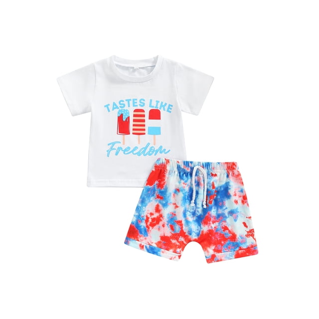 Faithtur Independence Day Infant Two Piece Outfits, Baby Popsicle Lettering Pattern Short Sleeve T-shirt Tie Dye Drawstring Shorts