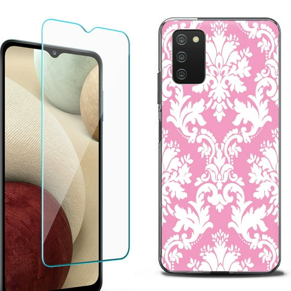 Slim-Fit Protective Fashion Phone Case (Black) for Samsung Galaxy A03s, with Tempered Glass Screen Protector, by OneToughShield ® - Victorian White/Pink