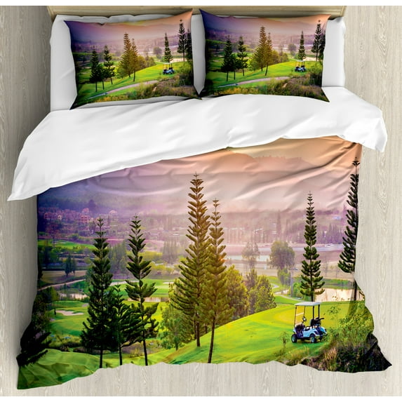 Nature Duvet Cover Set, Golf Resort Park in Spring Season with Trees Sunset Hills and Valley End of The Day, Decorative 3 Piece Bedding Set with 2 Pillow Shams, Queen Size, Orange Green, by Ambesonne