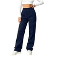 thumbnail image 3 of Womens Cargo Pants High Waisted Straight Leg Casual Summer Trousers Elastic Waist with Zipper Pockets for Work Daily Wear Travel,Blue,L, 3 of 7