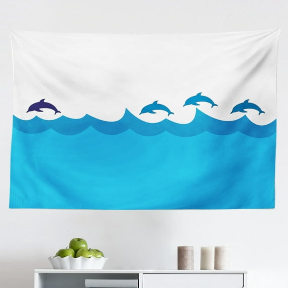 Sea Animals Tapestry, Aquatic Dolphin Leaf Ornamentals Abstract Art Playful Fish, Fabric Wall Hanging Decor for Bedroom Living Room Dorm, 2 Sizes, Blue White, by Ambesonne