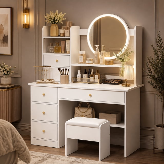 Tocador Vanity con Espejo Redondo LED y Taburete, Mesa de Maquillaje Blanca con Múltiples Cajones de Almacenamiento para Recámara