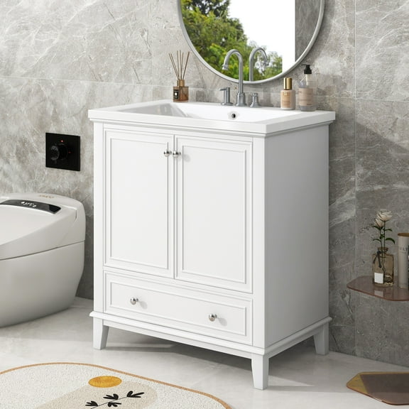30"Bathroom Vanity with Ceramic Sink, Freestanding Single Basin Vanity Set with Multi-functional Cabinet & Drawer & Adjustable Shelf, Solid Wood Bathroom Cabinet Combo, White