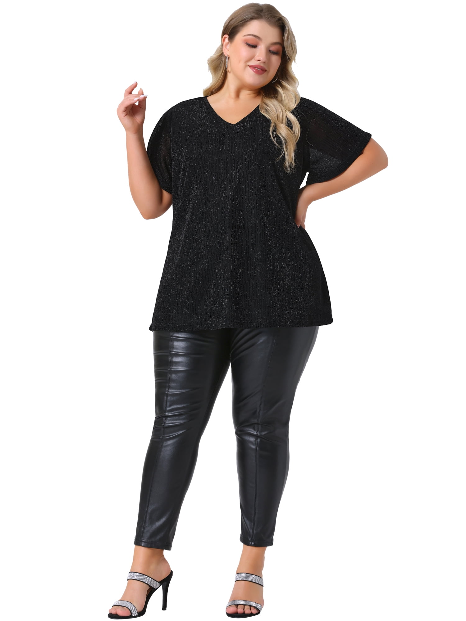 Women's Plus Metallic Tops V Neck Short Sleeve T-Shirt Party Top Glitter Blouses 3X Black