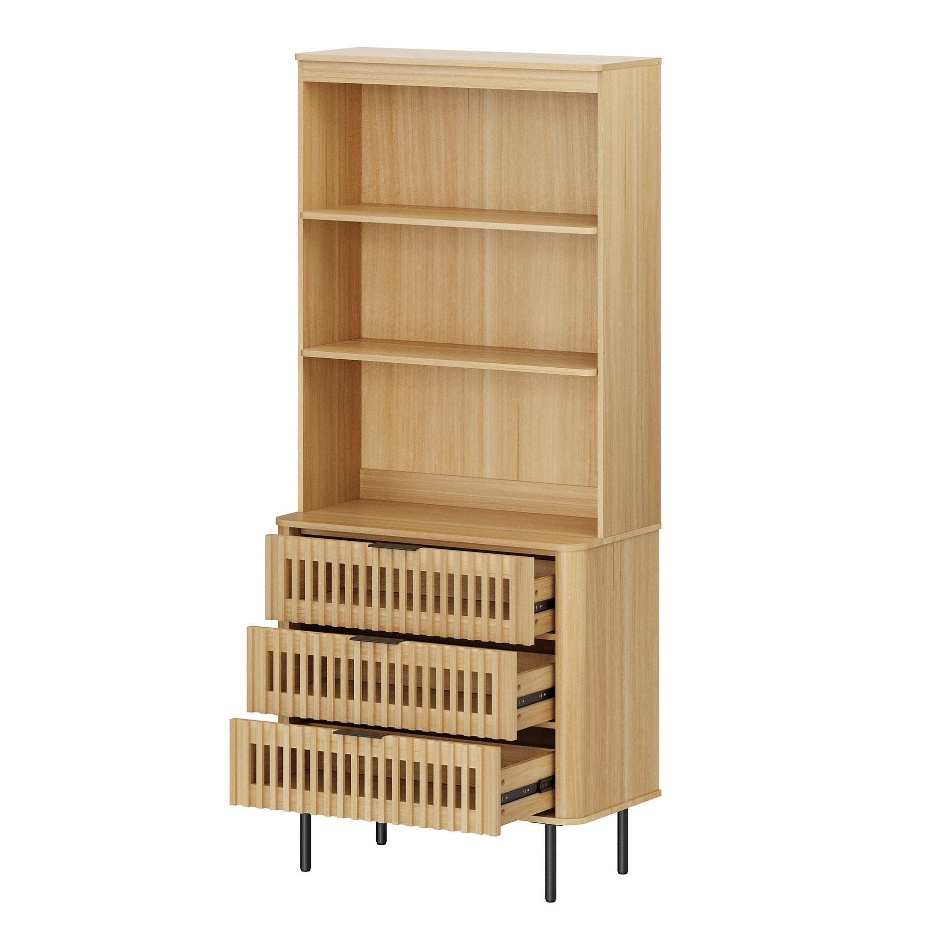 72.8" Tall Kitchen Pantry Storage Cabinet with Large Drawers, Modern Fluted Kitchen Cabinet, Adjustable Shelf, Cable Management, 3 Tier Freestanding Cupboard for Dinning Room, Oak