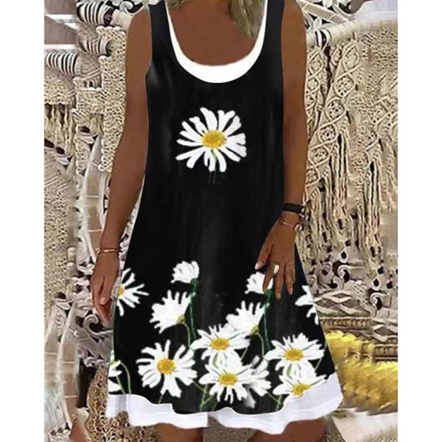 CEHVOM Robe Sans Manches à Encolure O, Imprimée, Ample, Décontractée, Style Mode, Effet Faux Deux Couches pour Femmes