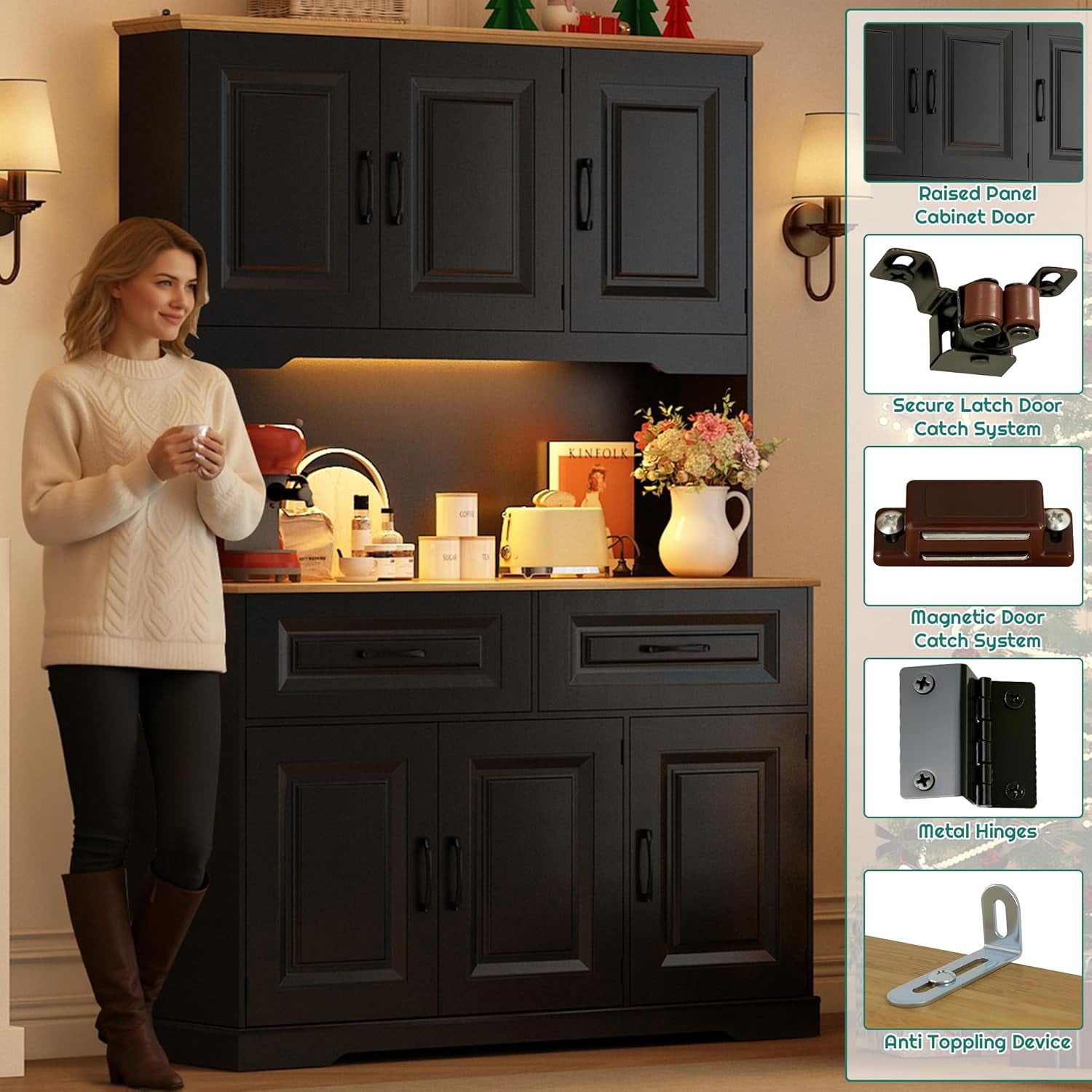 71" Tall Kitchen Pantry Cabinet with 6 Doors Shelves & Led Lights & Charge Station, 47" Wide Freestanding Farmhouse Cupboard with 2 Drawer,6 Doors Storage,Adjustable Shelves,Open Countertop, Black