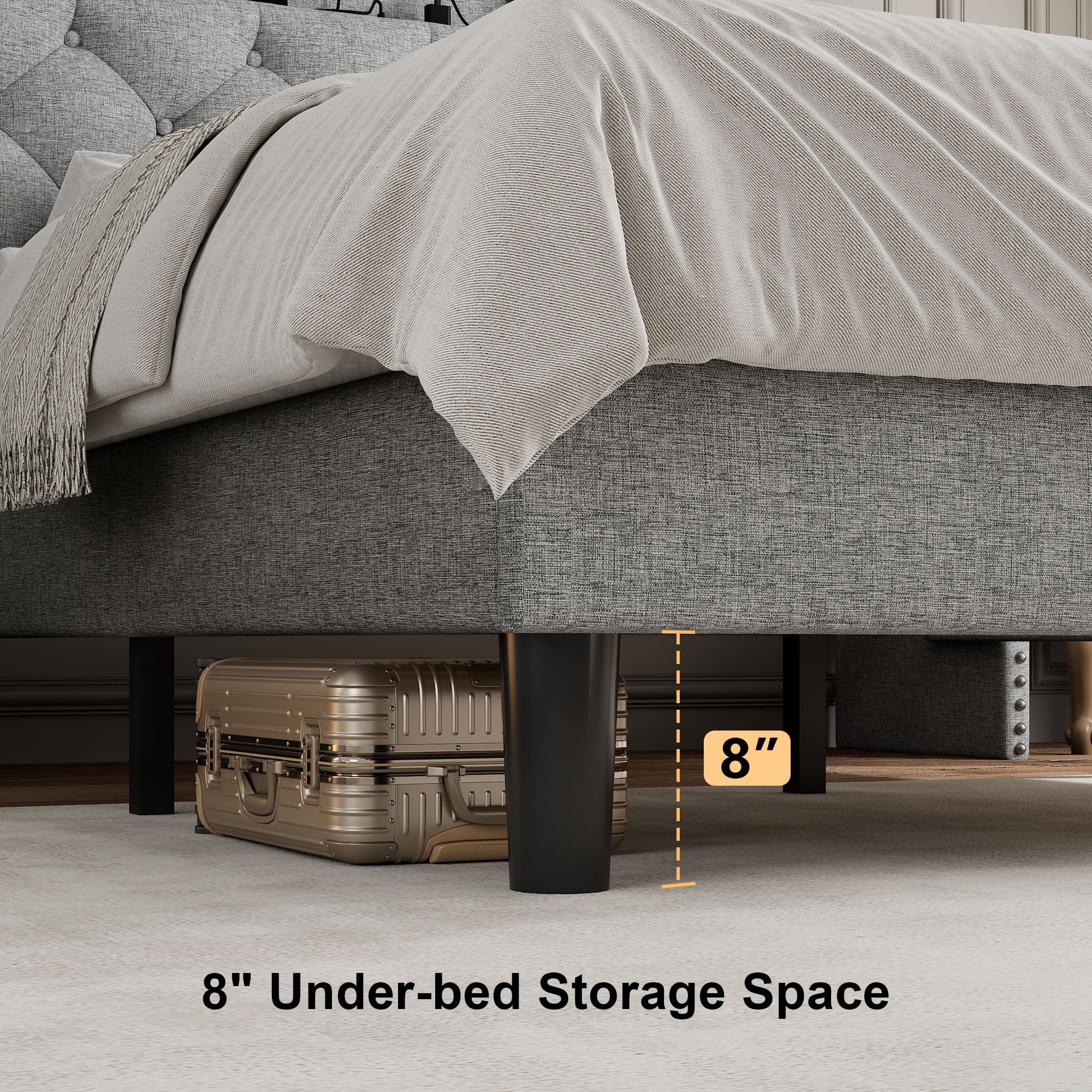 Virans Queen Bed Frame with 16" Deluxe Wingback & Charging Station, Upholstered Platform Bed with Button Tufted Storage Headboard,Light Gray