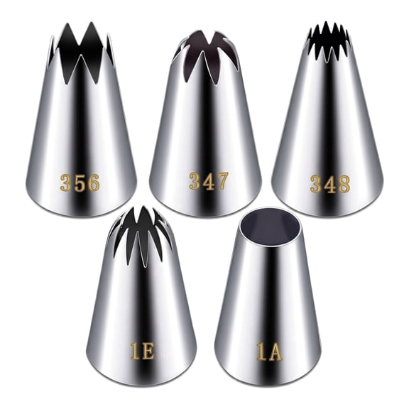 Large Piping Tips Set, 5 Piece Stainless Steel Frosting Tips for Cake Decorating, Pastry Baking Tools for Cookies & Cupcake - Includes 1A, 1E, 348, 347, 356