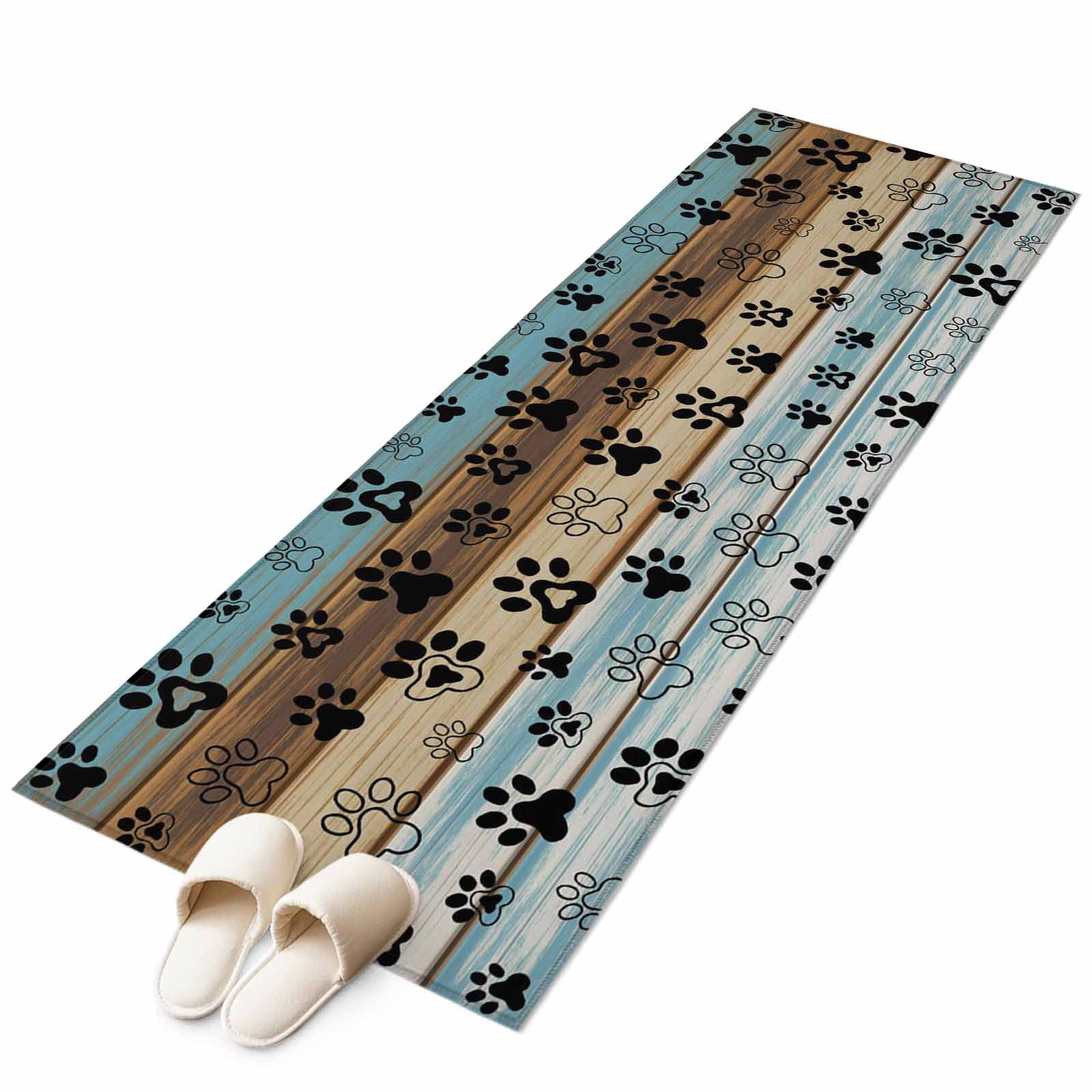 2'x6' Rug Runners for Hallways Kitchen, Cute Dog Claws Non Slip Entryway Beside Floor Carpet Runner, Farmhouse Blue Wooden Puppy Pawprints Washable Laundry Room Bedroom Throw Rugs Mat for Family Pet
