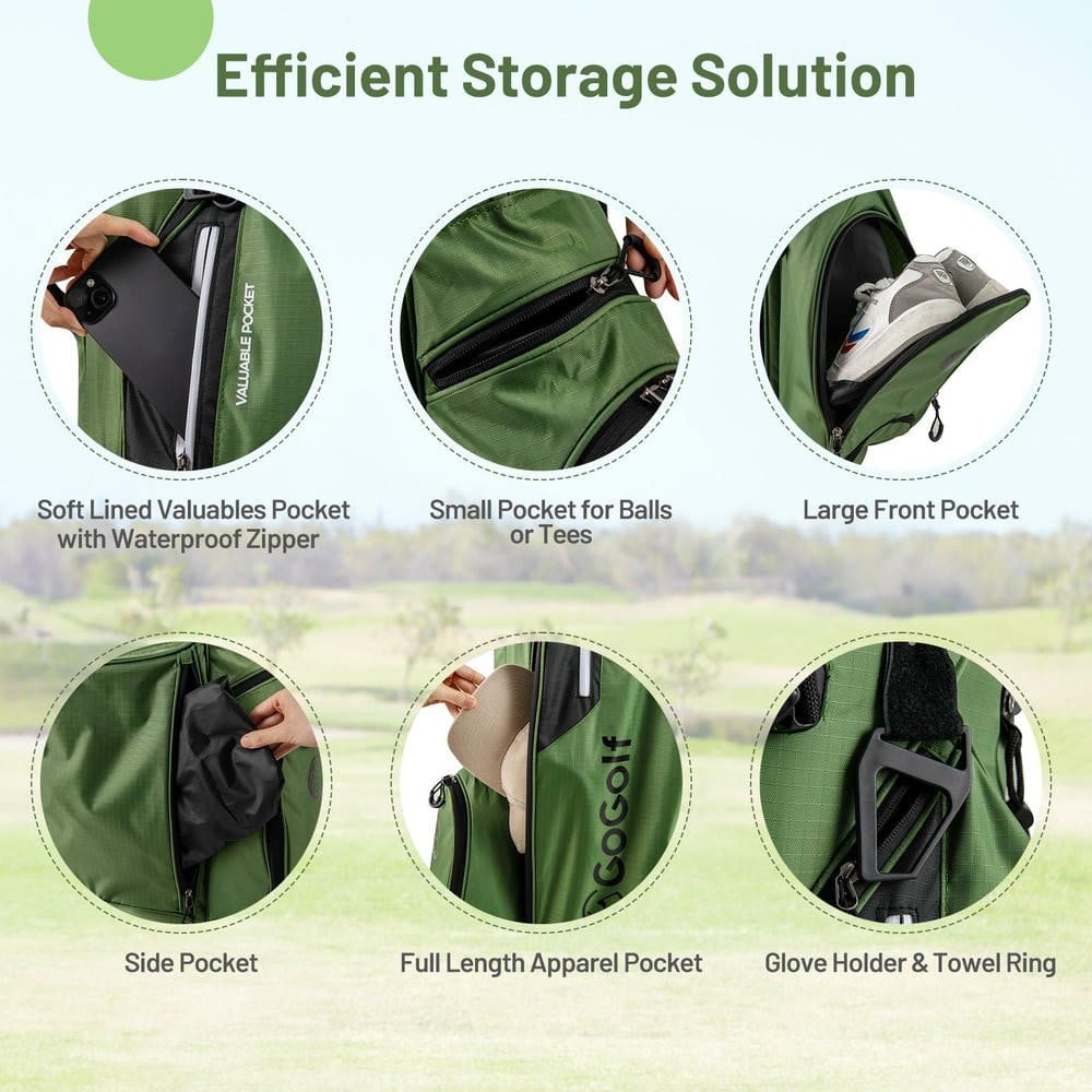 Resenkose Lightweight Golf Stand Bag, Portable Golf Bag with 8-Way Divider and 5 Practical Pockets for Easy Course Transport - Green
