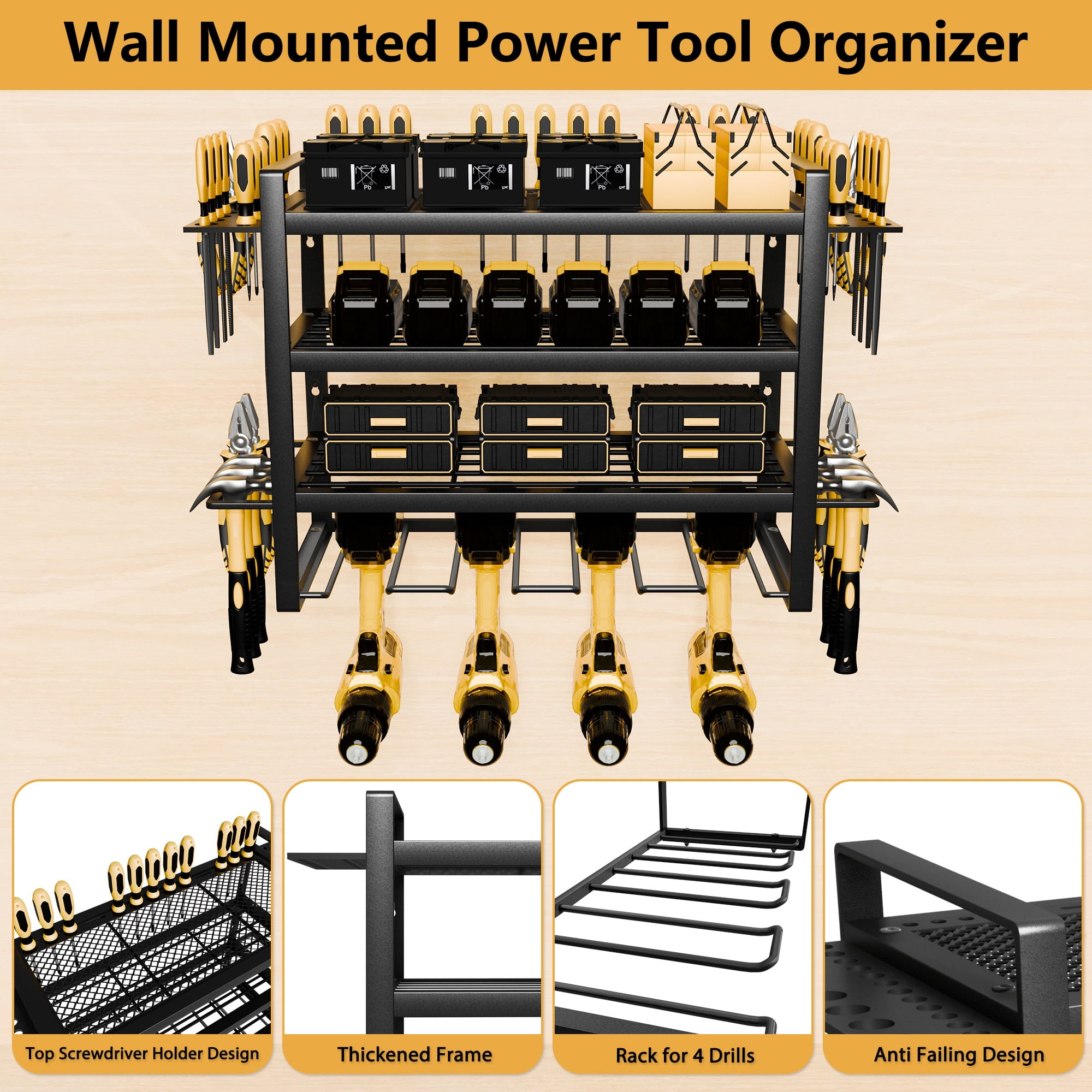 YHGJ Wall Mount Power Tool Organizer 4 Drill Holder, 4 Layer Heavy Duty Metal Power Tool Storage Rack Garage Tool Organizer Utility Tool Shelves with Screwdriver/Plier/Hammer Holder