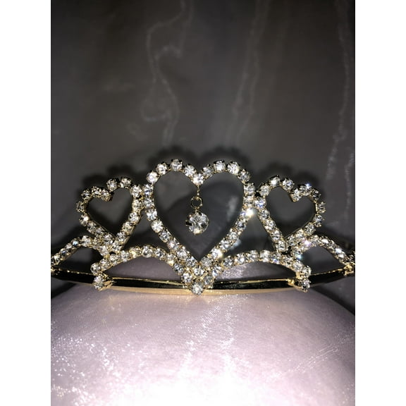 Charmed Triple Heart Shape Tiara with 8mm Rhine stone Dangling; SWEET 15/16, BAPTISM, 1ST COMMUNION, WEDDING THEME