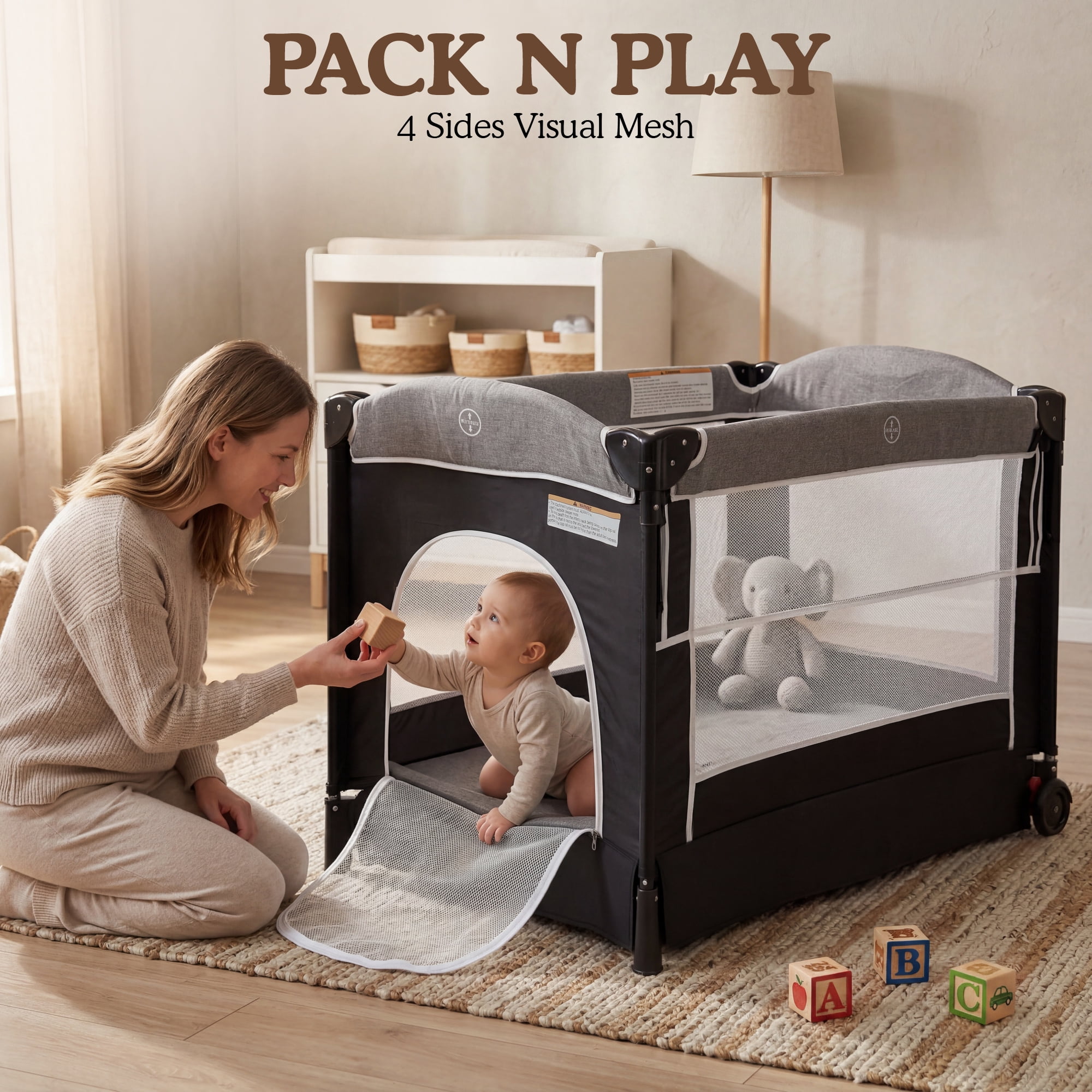 AILEEKISS 4-in-1 Portable Baby Play Yard with Changing Table for Newborn, Dark Grey