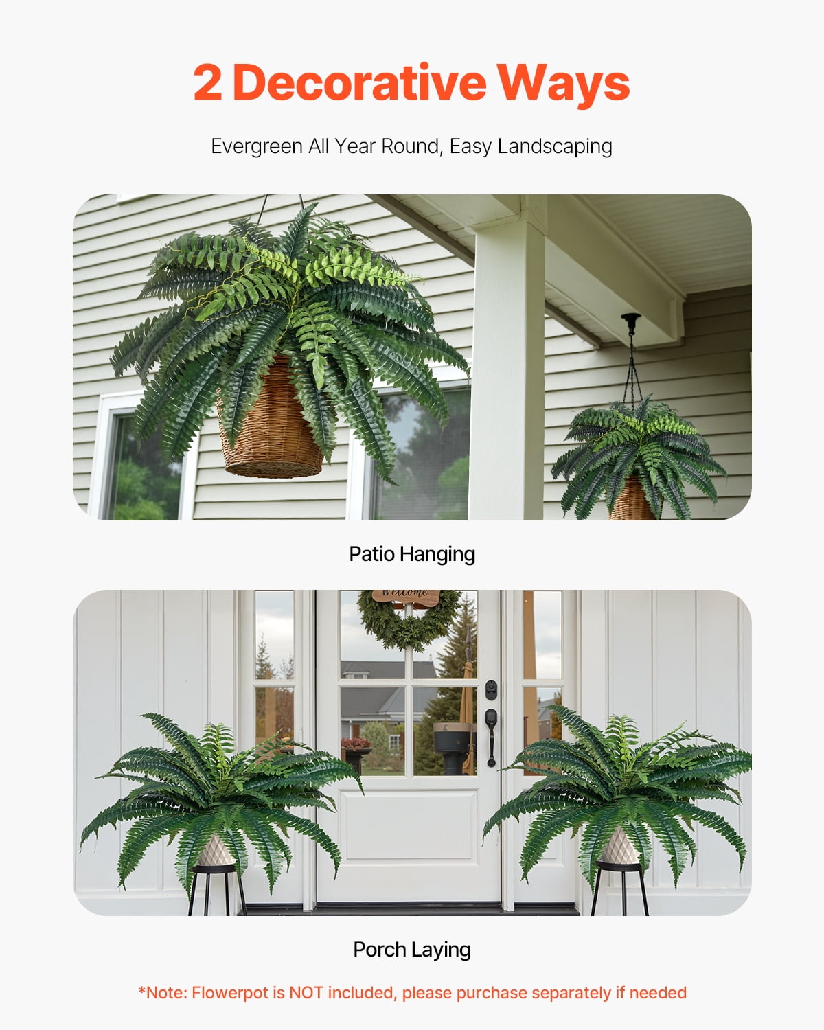 VEVOR Artificial Ferns 2 Pcs, Natural Spread Diameter 35-39 Inch, Large Hanging Artificial Boston Ferns, Fake Plant Wall Decor with 35 Branches, Faux Fern for Home and Office (Flowerpot Unincluded)
