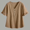 thumbnail image 5 of Perfectbot Women’s V-Neck Ruffle Short Sleeve Blouse, Henley Button-Down Casual Tunic Top, Lightweight Crinkle Cotton Shirt, 5 of 7