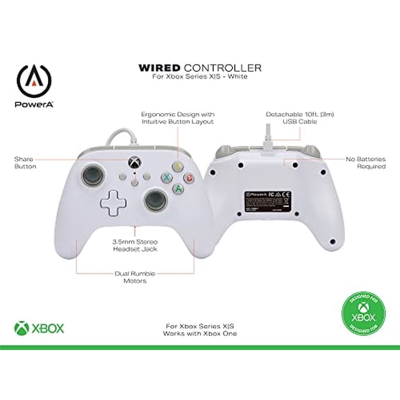 Controlador Wired Wired para Xbox Series X | S - White, GamePad, Controlador de videojuegos con cable, Power A PowerA