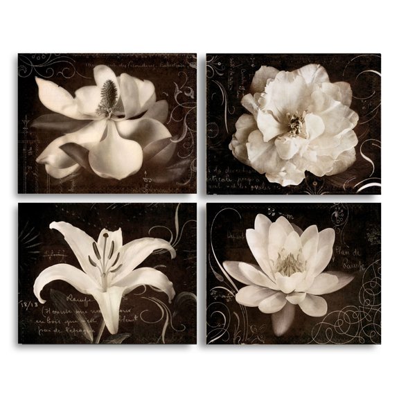 Garden Journal I Beautiful Sepia White Flowers Against a Script Backdrop; Floral Decor; Four 14X11 Poster Prints