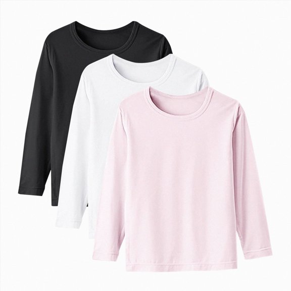 Gibobby Girls Tween 8-12Y Casual Long Sleeve T-Shirts 3-Pack Solid Color Cotton School Crewnneck Tees Crew Neck T-Shirts for Toddler Girls Fall Winter Clothes(5-6 Years,B-Style)