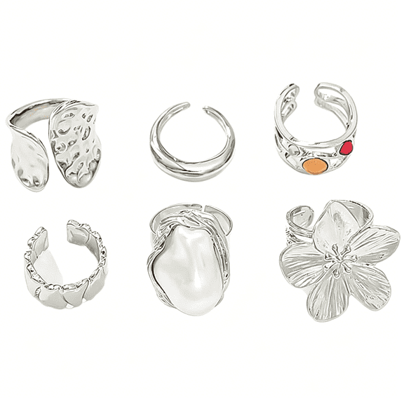 DESIGNICE 5-6Pcs Vintage Faux Pearl Flower Knuckle Rings Set for Women Friend Mother Stackable Chunky Statement Ring Open Adjustable Jewelry