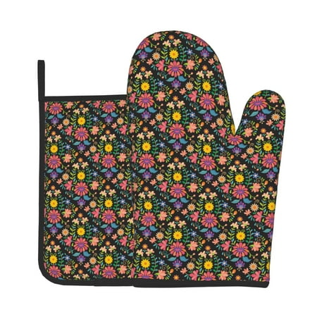 

Tebeau Mexican Folk Art Floral Print Oven Mitts and Pan Racks 2-Piece Set Kitchen Oven Mitts and Pan Racks Heat Resistant 500 °F for Baking and Cooking