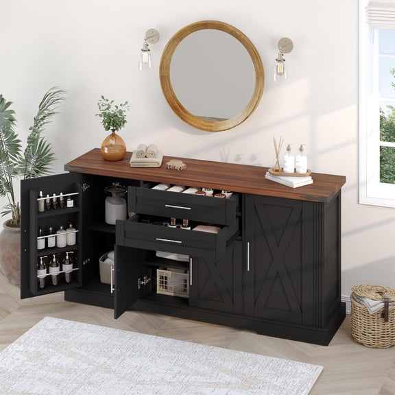 Demi Bonn 63" Farmhouse Storage Buffet Cabinet with 2 Drawers, Adjustable Shelves and Barn Door for Kitchen, Living Room, Dining Room, Black