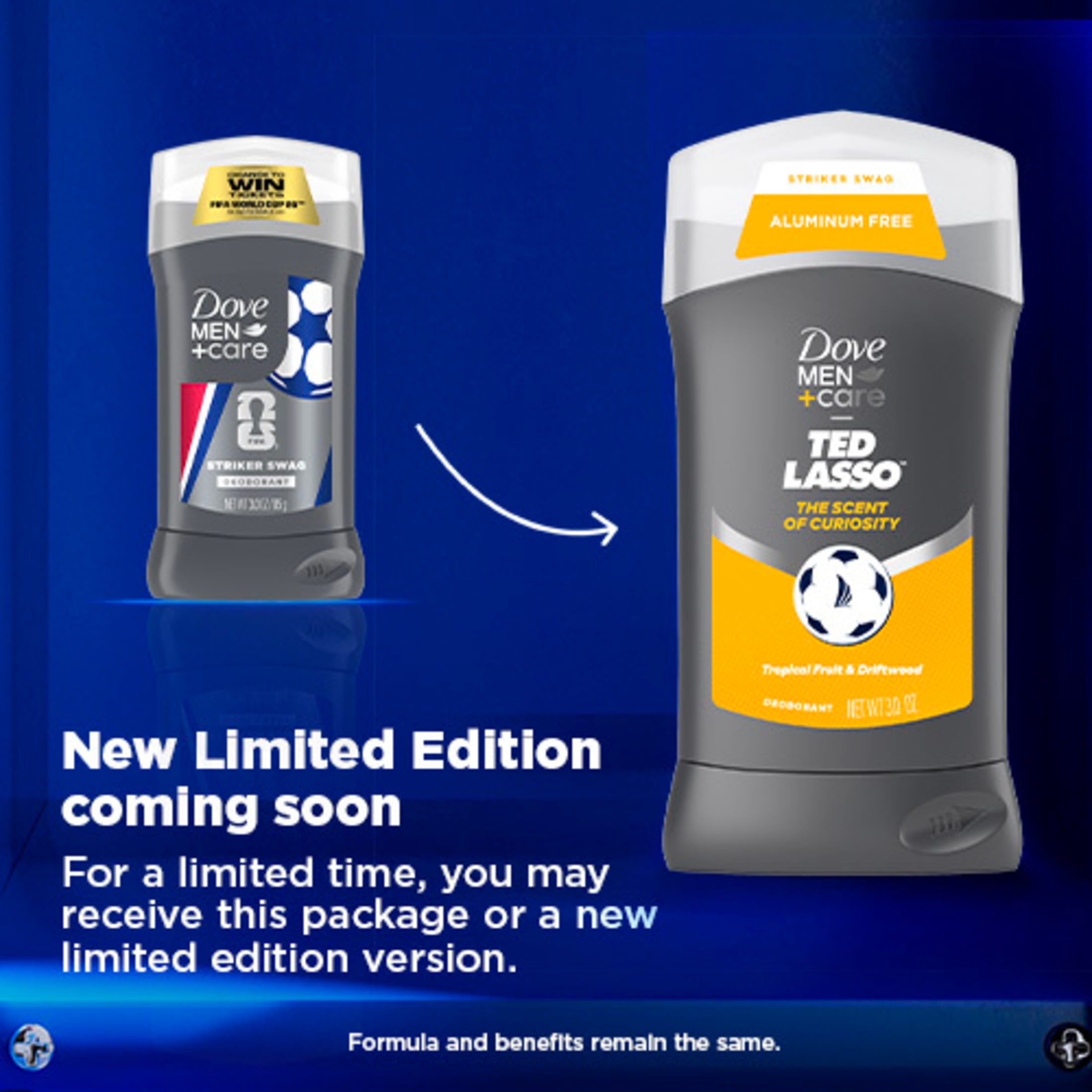 Dove Men+Care Ted Lasso Limited Edition Deodorant Stick for 72H Protection Scent of Curiosity Neutralizes Odor, 3.0 oz