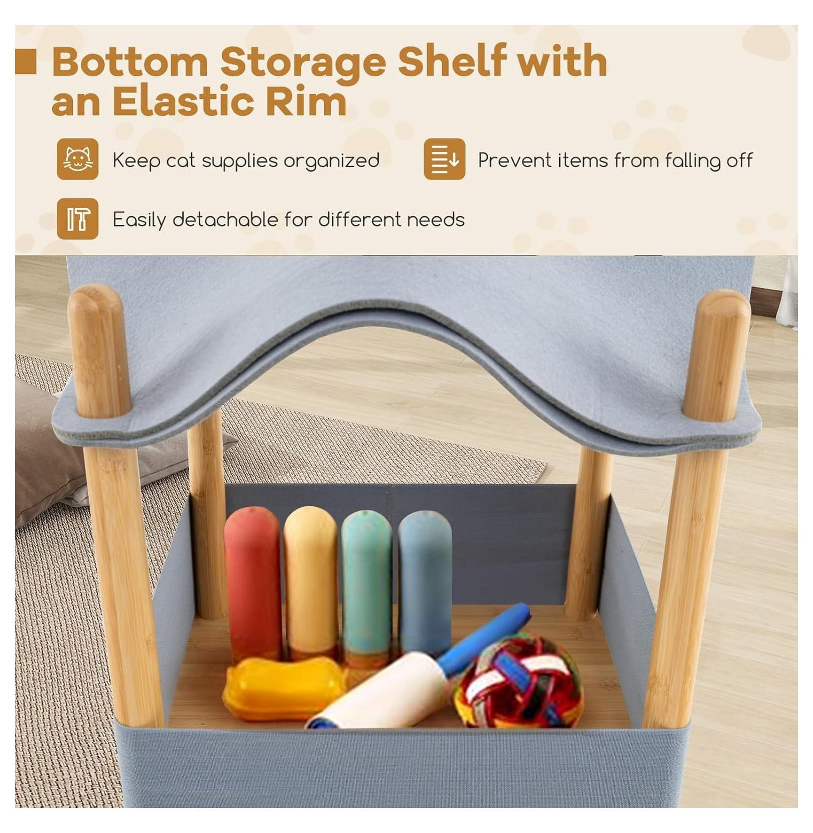 Elevated Cat Bed for Indoor Cats, 2-Tier Cat Cave with Felt Hammock, Bamboo Frame, Storage Shelf - Small Condo for Kittens & Adult Cats