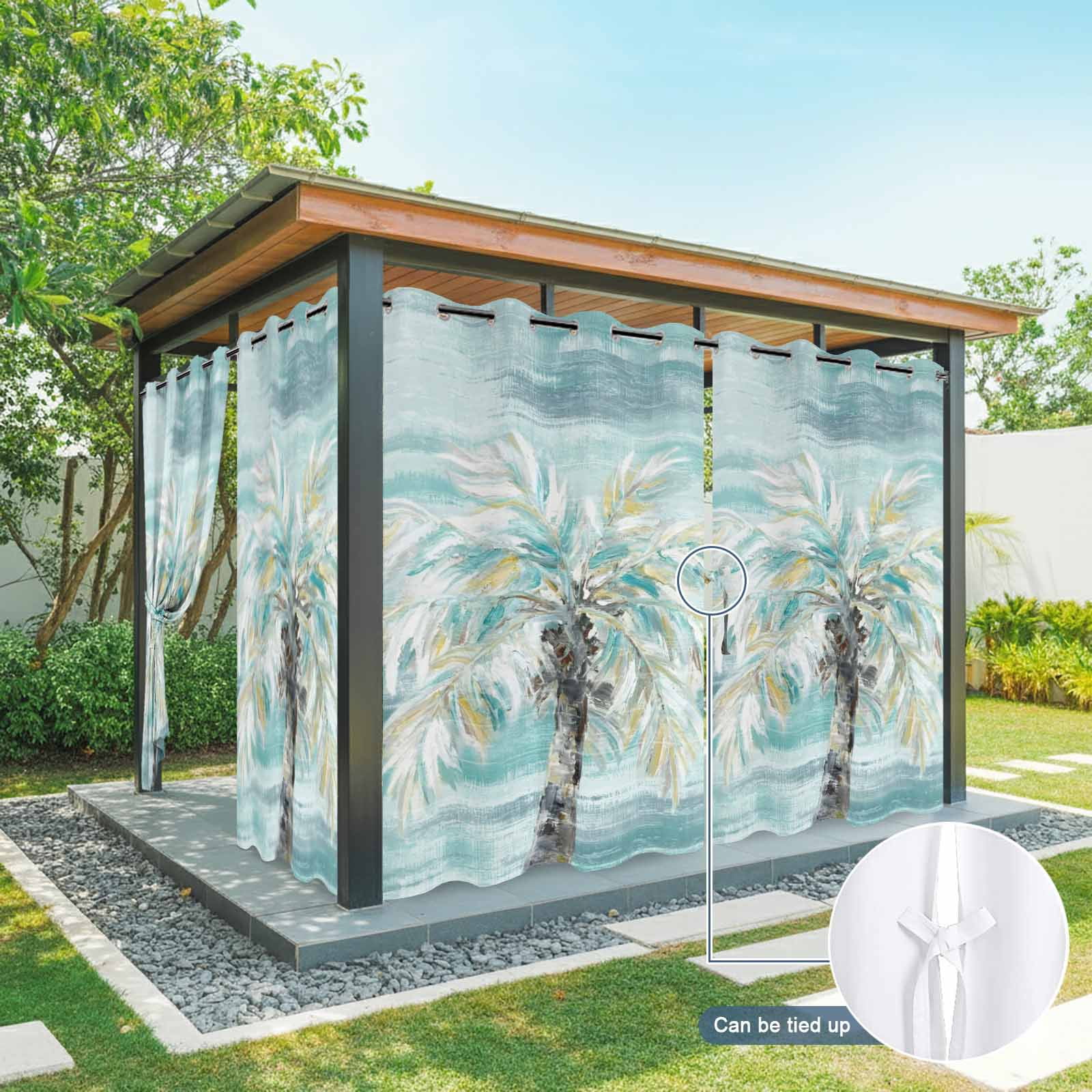 Summer Beach Palm Outdoor Curtains for Patio, Country Abstract Coastal Seaside Teal Yellow Brown Palm Sunshade Privacy Drapes Grommet Waterproof Outside Curtains for Porch Balcony 54"x108", 1 Panel