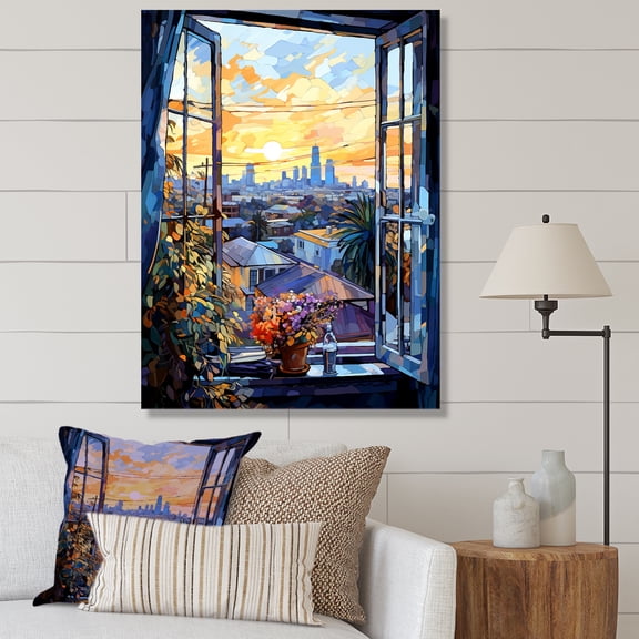 Designart "Los Angeles Sunset with Floral Window View" Floral Canvas Wall Art - Traditional Blue Window Bedroom Canvas Wall Art