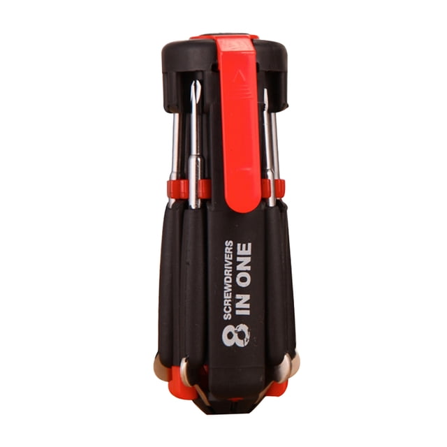 MasteelfCA 8 in 1 Mini Gadgets Repair Tools Multifunction Mini Precision Pen Screw Driver Screwdriver Set Repair Tools Kit with LED Light. A compact, portable screwdriver set with a black and red design, featuring multiple driver bits stored in a foldable structure. Includes a clip for easy attachment to clothing and an LED light powered by 3 AAA batteries (not included). Made of durable steel, suitable for various repair tasks and outdoor use.
