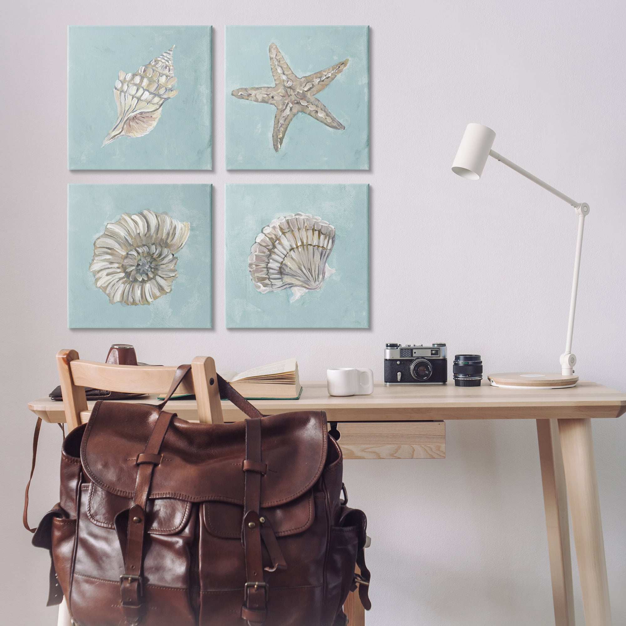 Stupell Industries Beige & Blue Sea Life Nautical & Beach Painting Wrapped Canvas Art Print Wall Art, 17 x 17, Set of 4