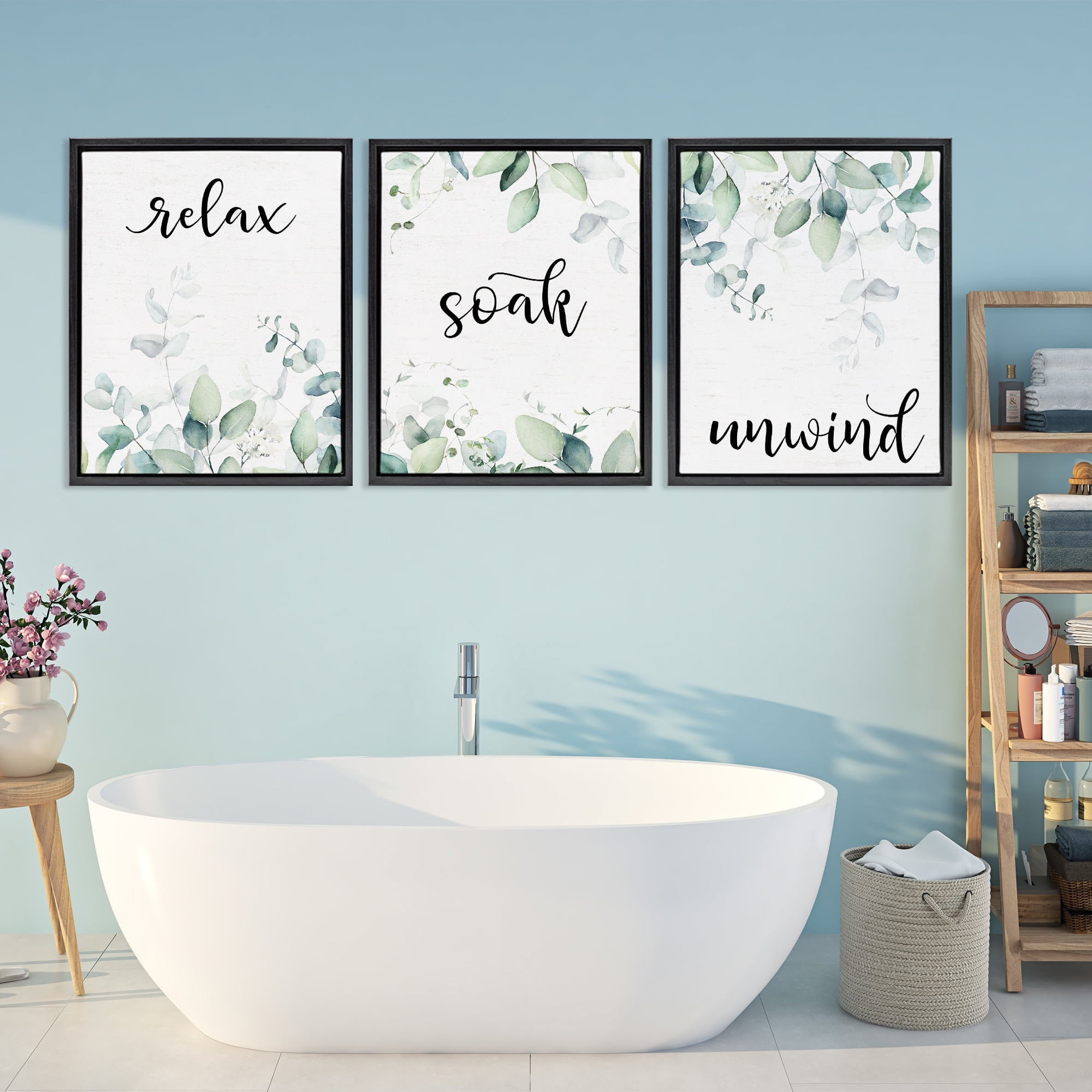 Leafy Bathroom Herbs 3 Piece Black Framed Floater Canvas Set, design by Lettered and Lined