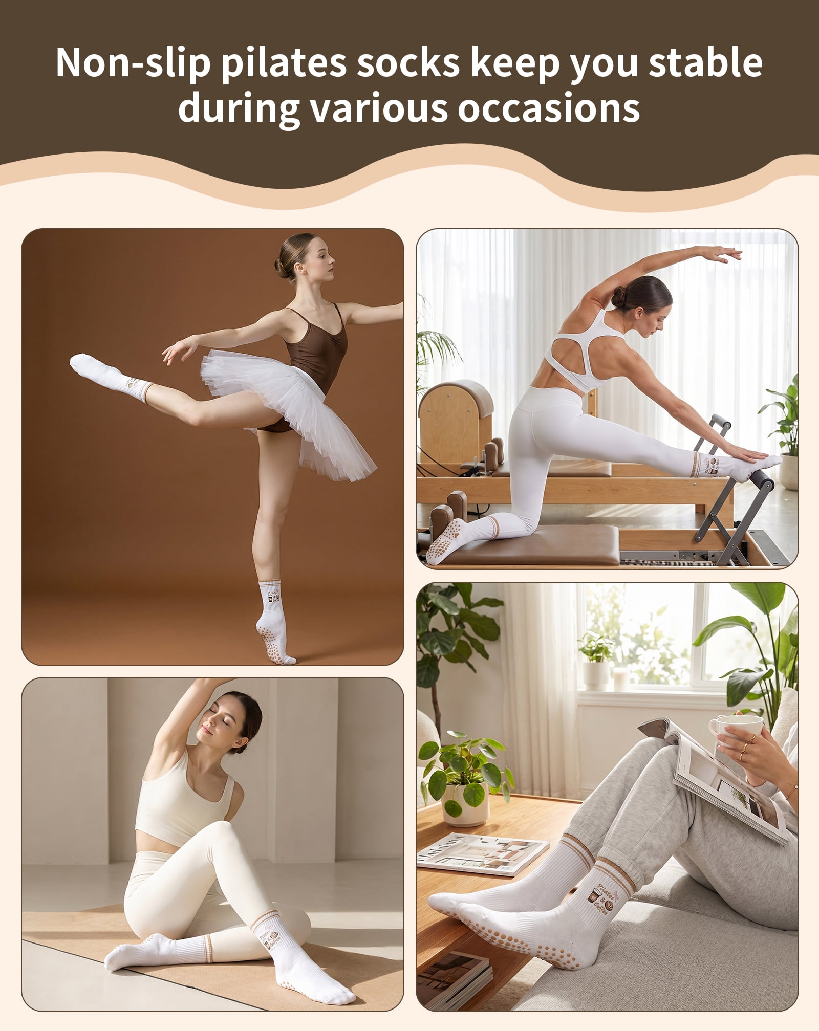 Yawlsow Pilates Grip Socks for Women, Grippy Yoga Socks with Coffee Embroidery for Barre Ballet Workout, US Size 5-10