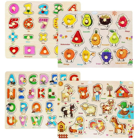 4 Pack Wooden Peg Puzzles For Toddlers Alphabet Number Animal Fruit Puzzles And