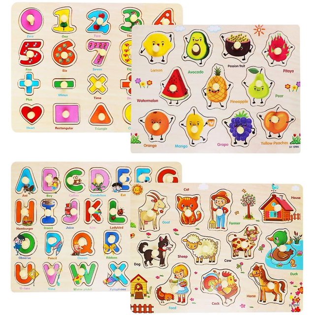 4 Pack Wooden Peg Puzzles For Toddlers Alphabet Number Animal Fruit Puzzles And