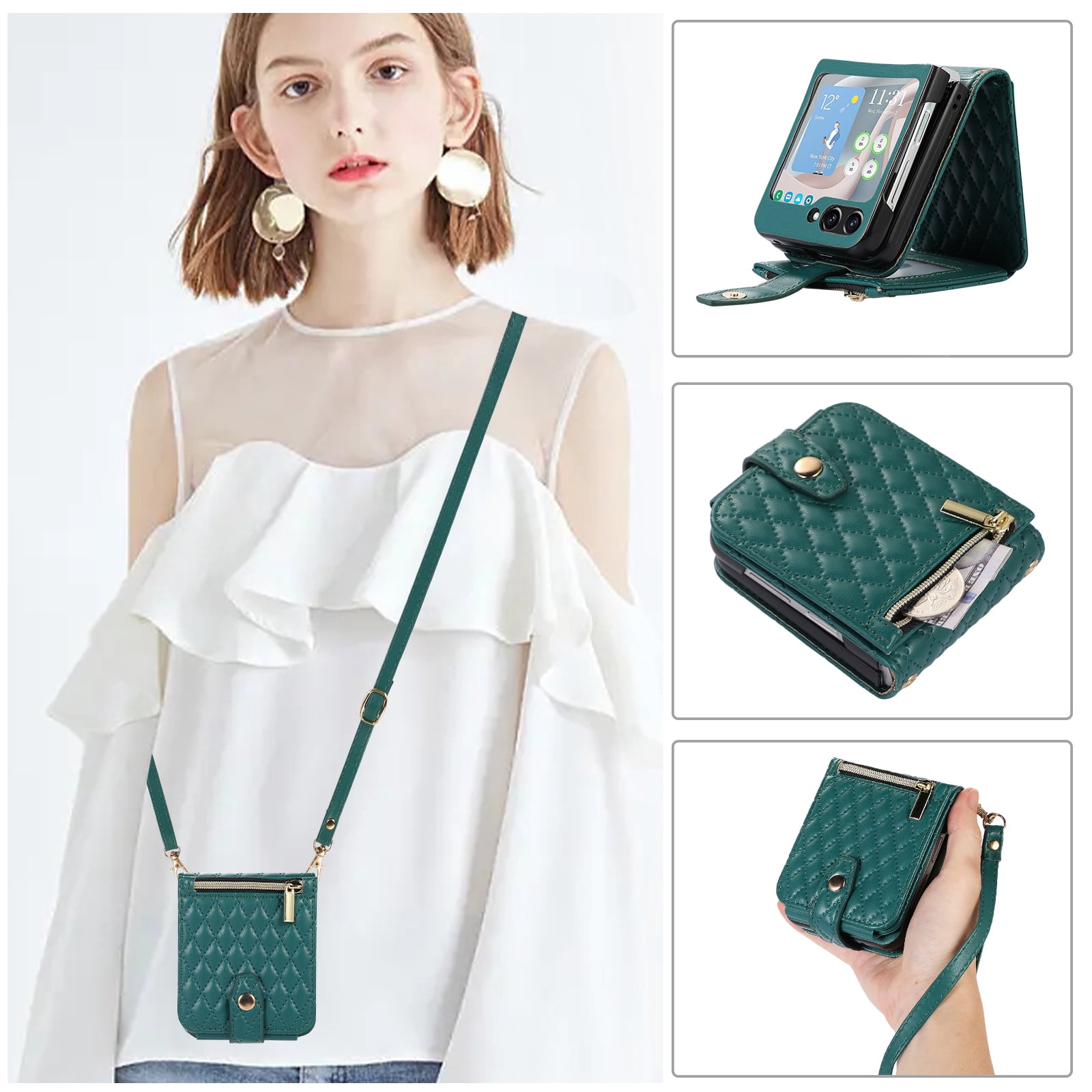 TECH CIRCLE Cover for Samsung Galaxy Z Flip5 Case with Shoulder Strap+Wristlet, Elegant Phone Handbag Design Multiple Card Slots Pocket Wallet Case for Galaxy Z Flip 5 Full Protective Shell-Dark Green