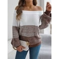 thumbnail image 6 of Women Crochet Knit Casual Color Block Off Shoulder Trendy Sweaters Pullover Lantern Sleeve Warm Tops Coffee M, 6 of 9