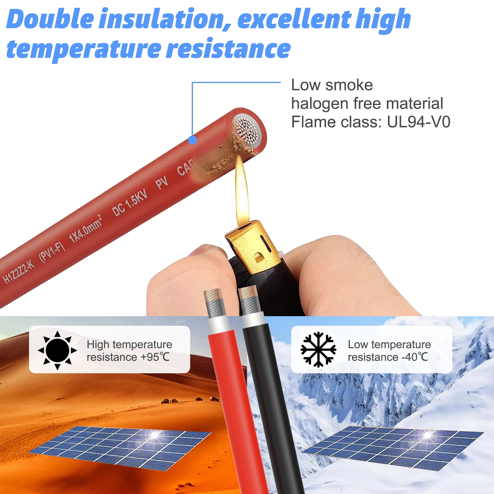 10AWG 20 Feet Red + 20 Feet Black Solar Panel Extension Cable, IP68 Waterproof Connector Solar Extension Cable
